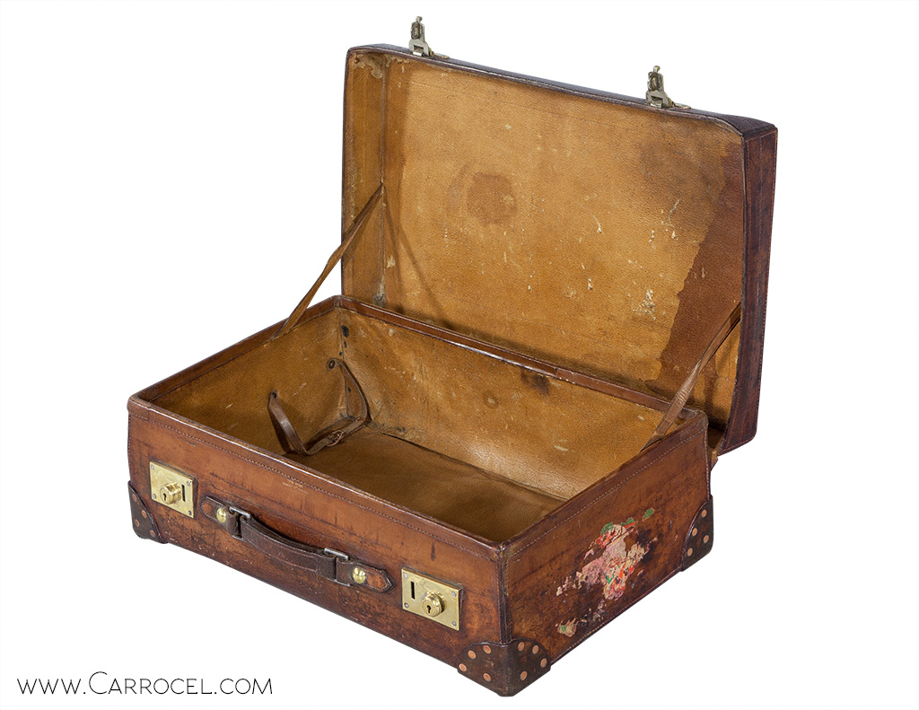 Set of 3 Antique Leather Luggage Cabin Trunks - Carrocel Fine