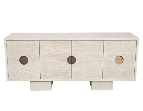 Custom Modern Oak Sideboard Cabinet in Bleached Finish with Brass Accents